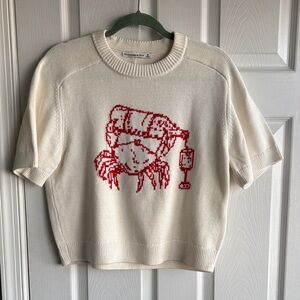 Abercrombie & Fitch Cream Short-Sleeve Knit Top with Red Logo Detail